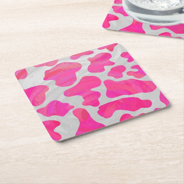 Cow Hot Pink and White Print Square Paper Coaster (Angled)