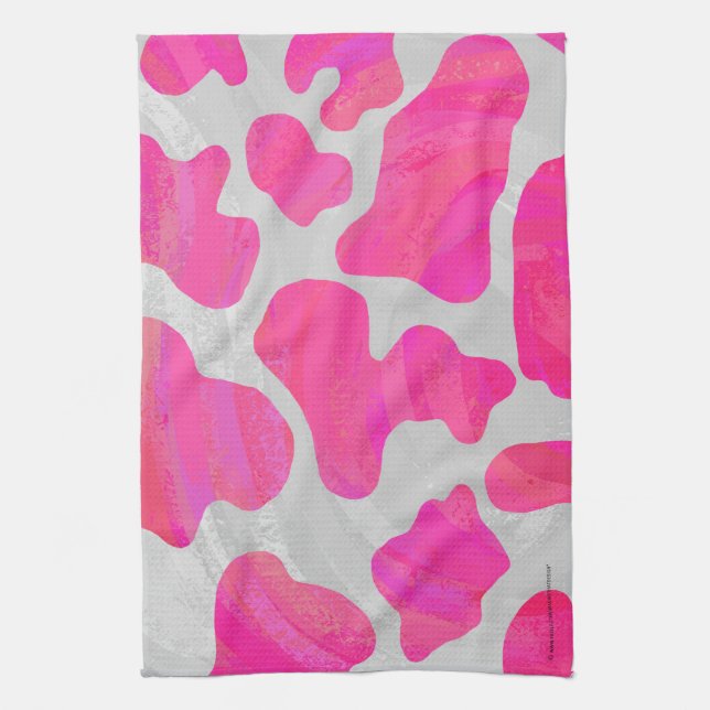 Cow Hot Pink and White Print Tea Towel (Vertical)