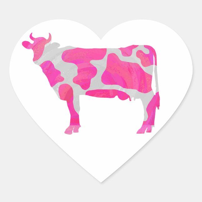 Cow Hot Pink and White Silhouette Heart Sticker (Front)