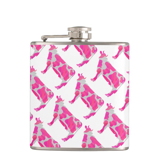 Cow Hot Pink and White Silhouette Hip Flask (Front)