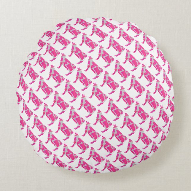 Cow Hot Pink and White Silhouette Round Cushion (Front)