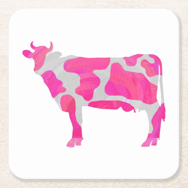 Cow Hot Pink and White Silhouette Square Paper Coaster (Front)