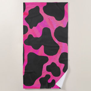 Cow Hot Pink Painted Pattern Beach Towel