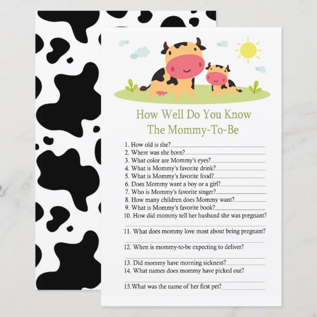 Cow How well do you know baby shower game (Front/Back)
