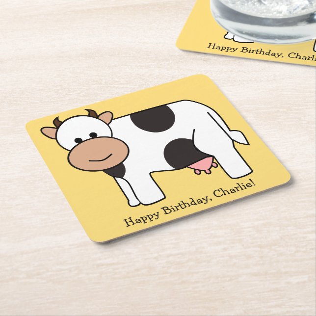 Cow illustration custom text paper coasters (Angled)