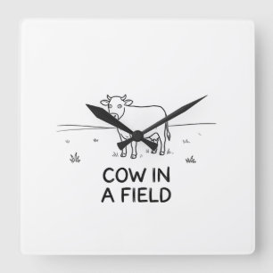 Cow in a Field Art Print Minimalist Black White Square Wall Clock