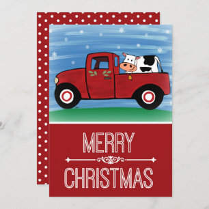 Cow in Festive Red Truck Flat Christmas Card