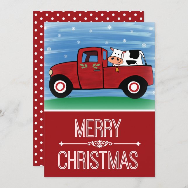Cow in Festive Red Truck Flat Christmas Card (Front/Back)