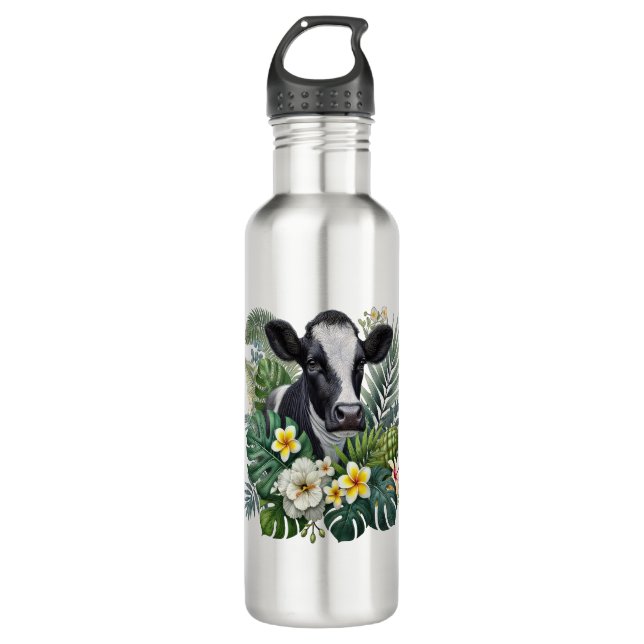 Cow in Floral Jungle Png, Tropical Cow 710 Ml Water Bottle (Front)