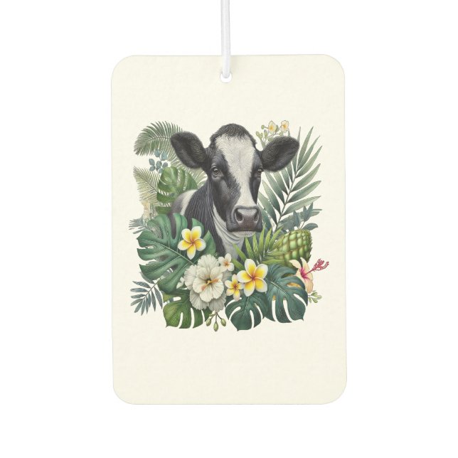 Cow in Floral Jungle Png, Tropical Cow Car Air Freshener (Front)