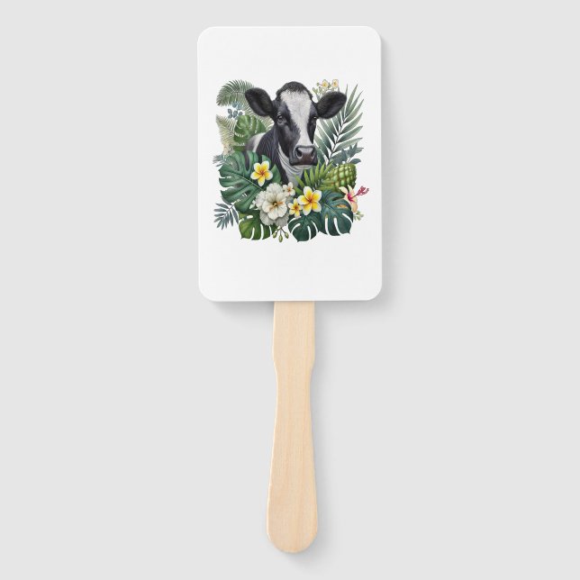 Cow in Floral Jungle Png, Tropical Cow Hand Fan (Front)