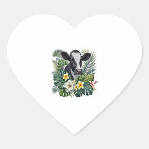Cow in Floral Jungle Png, Tropical Cow Heart Sticker