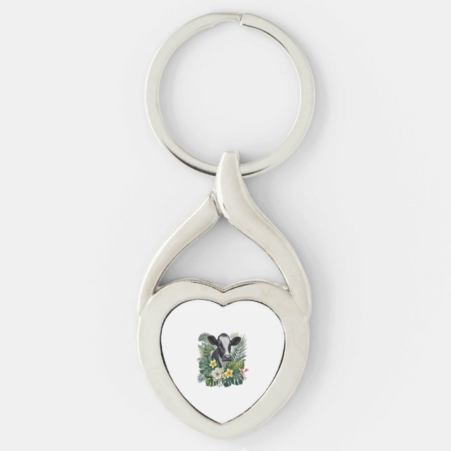 Cow in Floral Jungle Png, Tropical Cow Key Ring (Front)