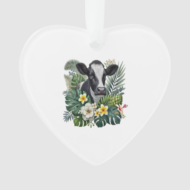 Cow in Floral Jungle Png, Tropical Cow Ornament (Front)