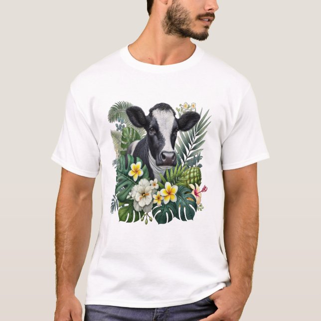 Cow in Floral Jungle Png, Tropical Cow T-Shirt (Front)