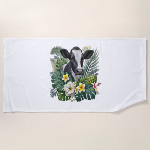 Cow in Floral Jungle , Tropical Cow Beach Towel
