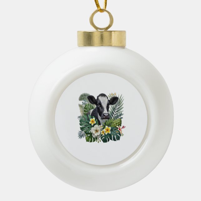 Cow in Floral Jungle , Tropical Cow Ceramic Ball Christmas Ornament (Front)