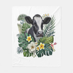 Cow in Floral Jungle , Tropical Cow Fleece Blanket