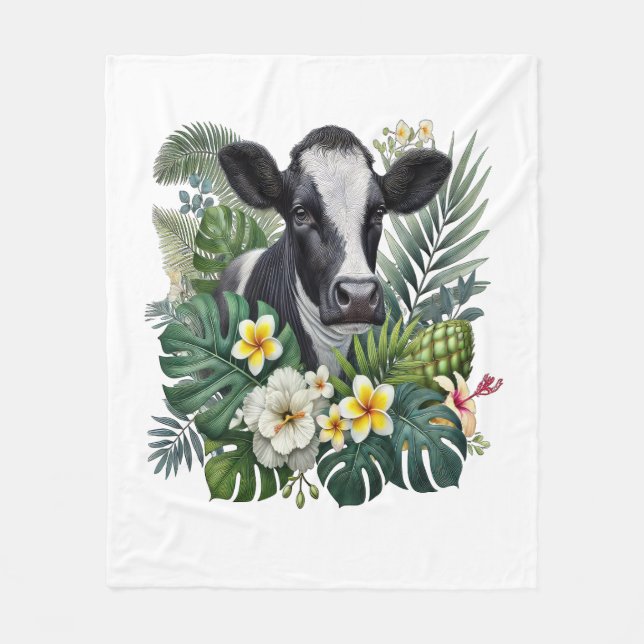 Cow in Floral Jungle , Tropical Cow Fleece Blanket (Front)