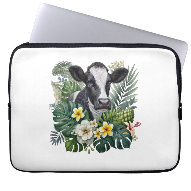 Cow in Floral Jungle , Tropical Cow Laptop Sleeve (Front)