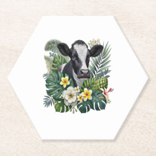 Cow in Floral Jungle , Tropical Cow Paper Coaster