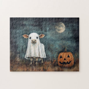 Cow in Ghost Costume with Pumpkin and Full Moon Jigsaw Puzzle