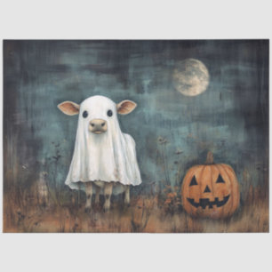 Cow in Ghost Costume with Pumpkin and Full Moon Tissue Paper