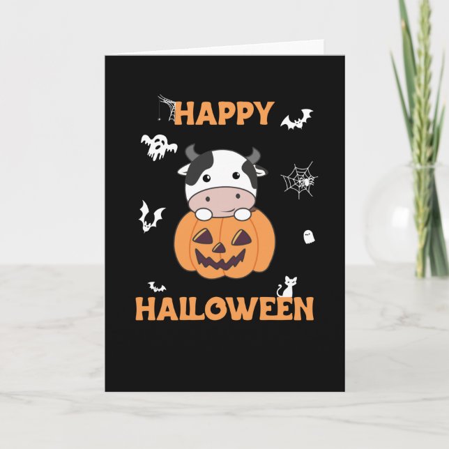Cow In Pumpkin Cute Cows Happy Halloween Card (Front)