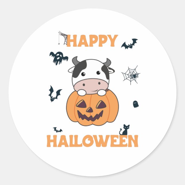 Cow In Pumpkin Cute Cows Happy Halloween Classic Round Sticker (Front)