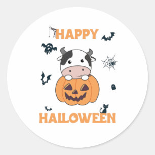 Cow In Pumpkin Cute Cows Happy Halloween Classic Round Sticker