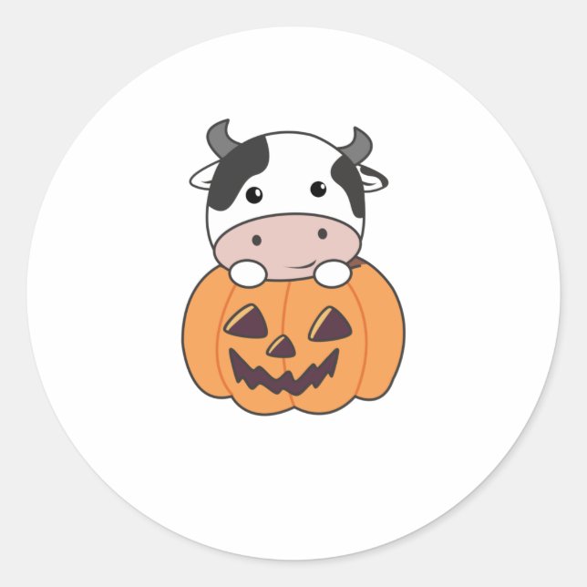 Cow In Pumpkin Cute Cows Happy Halloween Classic Round Sticker (Front)