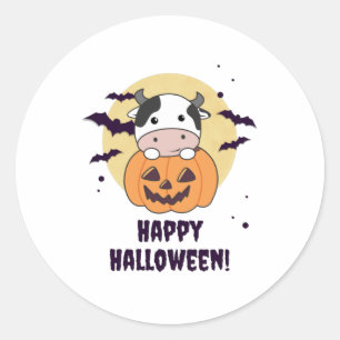 Cow In Pumpkin Cute Cows Happy Halloween Classic Round Sticker