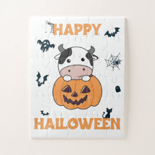 Cow In Pumpkin Cute Cows Happy Halloween Jigsaw Pu Puzzle