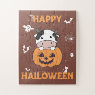 Cow In Pumpkin Cute Cows Happy Halloween Jigsaw Pu Puzzle