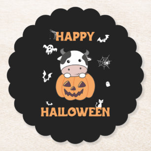 Cow In Pumpkin Cute Cows Happy Halloween Paper Coaster