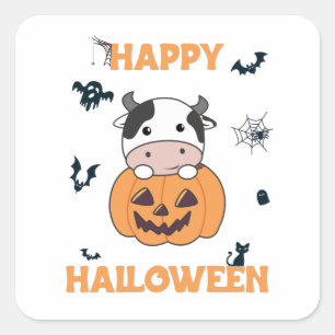 Cow In Pumpkin Cute Cows Happy Halloween Square Sticker