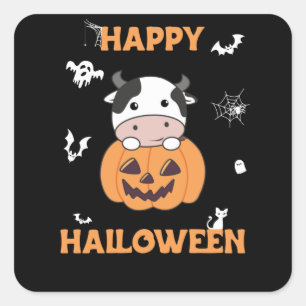 Cow In Pumpkin Cute Cows Happy Halloween Square Sticker