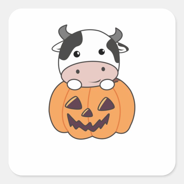 Cow In Pumpkin Cute Cows Happy Halloween Square Sticker (Front)