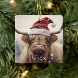 Cow in Santa Hat Personalized Christmas Holiday Ceramic Ornament