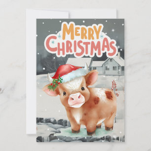 Cow in Santa Hat Winter Night Scene Christmas Holiday Card