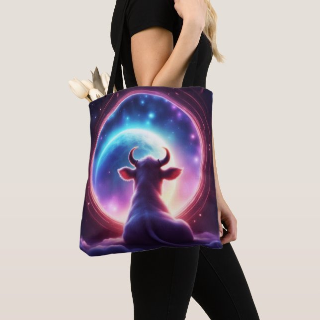 Cow in Space Looking at Earth Whimsical Rainbow Tote Bag (Close Up)