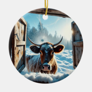 Cow in the Snow Ceramic Tree Decoration