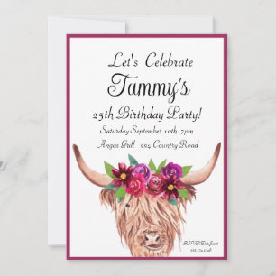 Cow Invitation, Longhorn Cow Floral Birthday Invitation