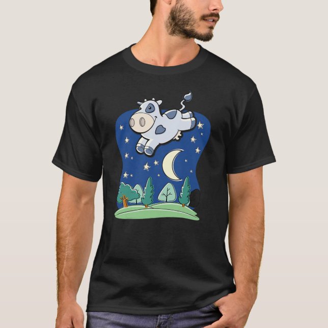 Cow Jumped Over the Moon - Cartoon w Common Saying T-Shirt (Front)