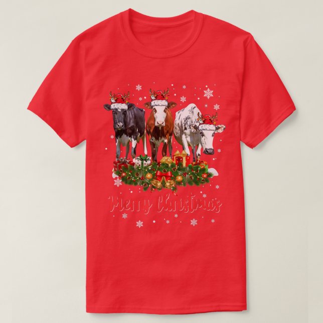 Cow Lights and Tree Christmas  T-Shirt (Design Front)