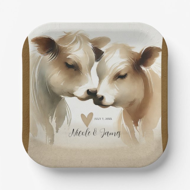 Cow Love Brown Cream Country Wedding Paper Plate (Front)
