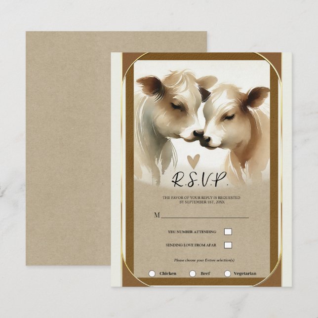 Cow Love Brown Cream Country Wedding RSVP Invitation (Front/Back)