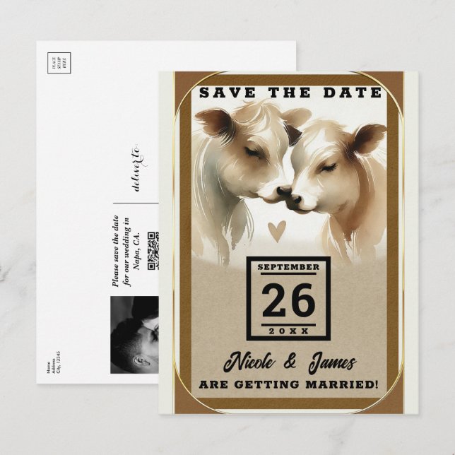 Cow Love Brown Cream Country Wedding Save the Date Announcement Postcard (Front/Back)