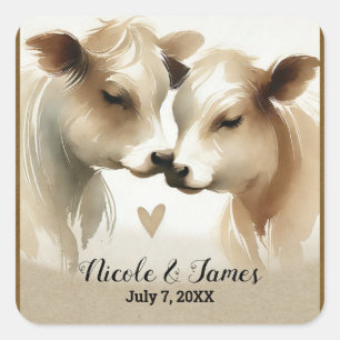 Cow Love Brown Cream Country Wedding Square Sticker