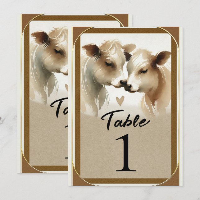 Cow Love Brown Cream Country Wedding Table Number (Front/Back)